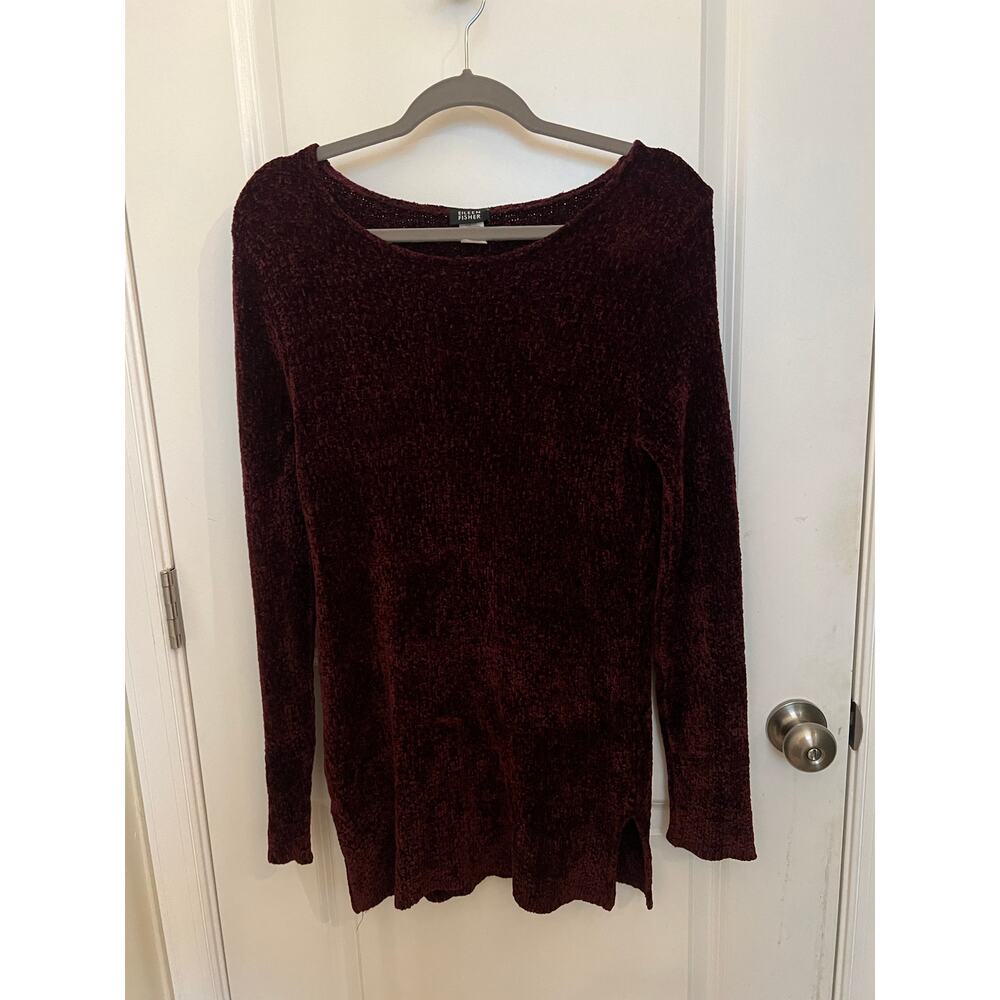 Eileen Fisher Women's Sweater Mini Dress Burgundy S Long Sleeve Side Slit USA